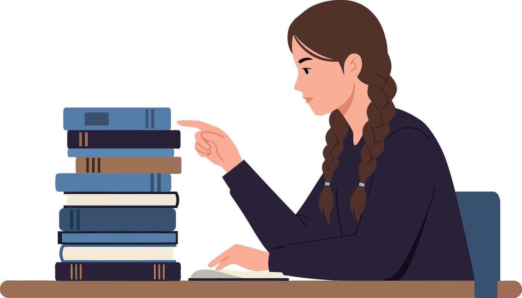 Young woman studying at a table with a stack of books nearby vector