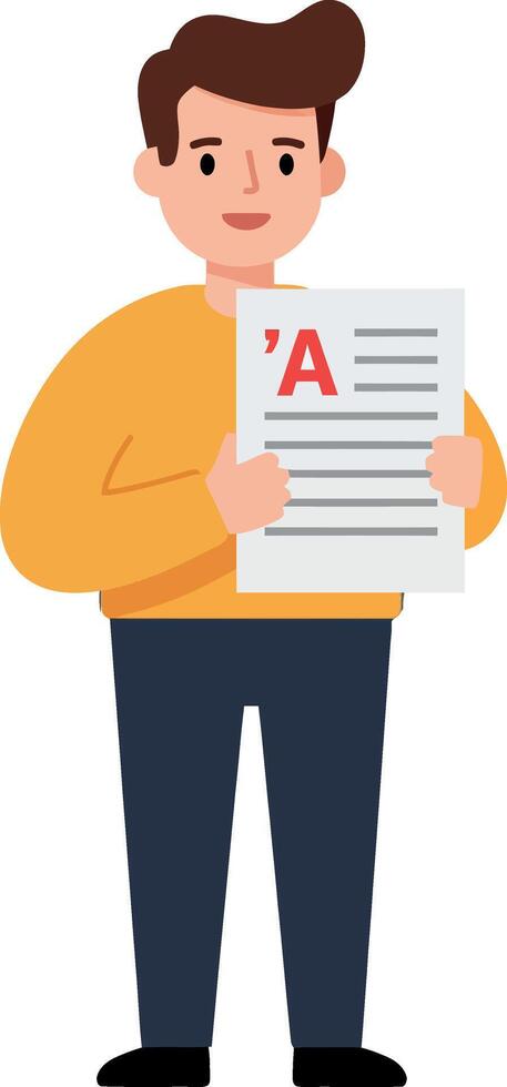 Young man smiling while holding a paper with an A grade vector