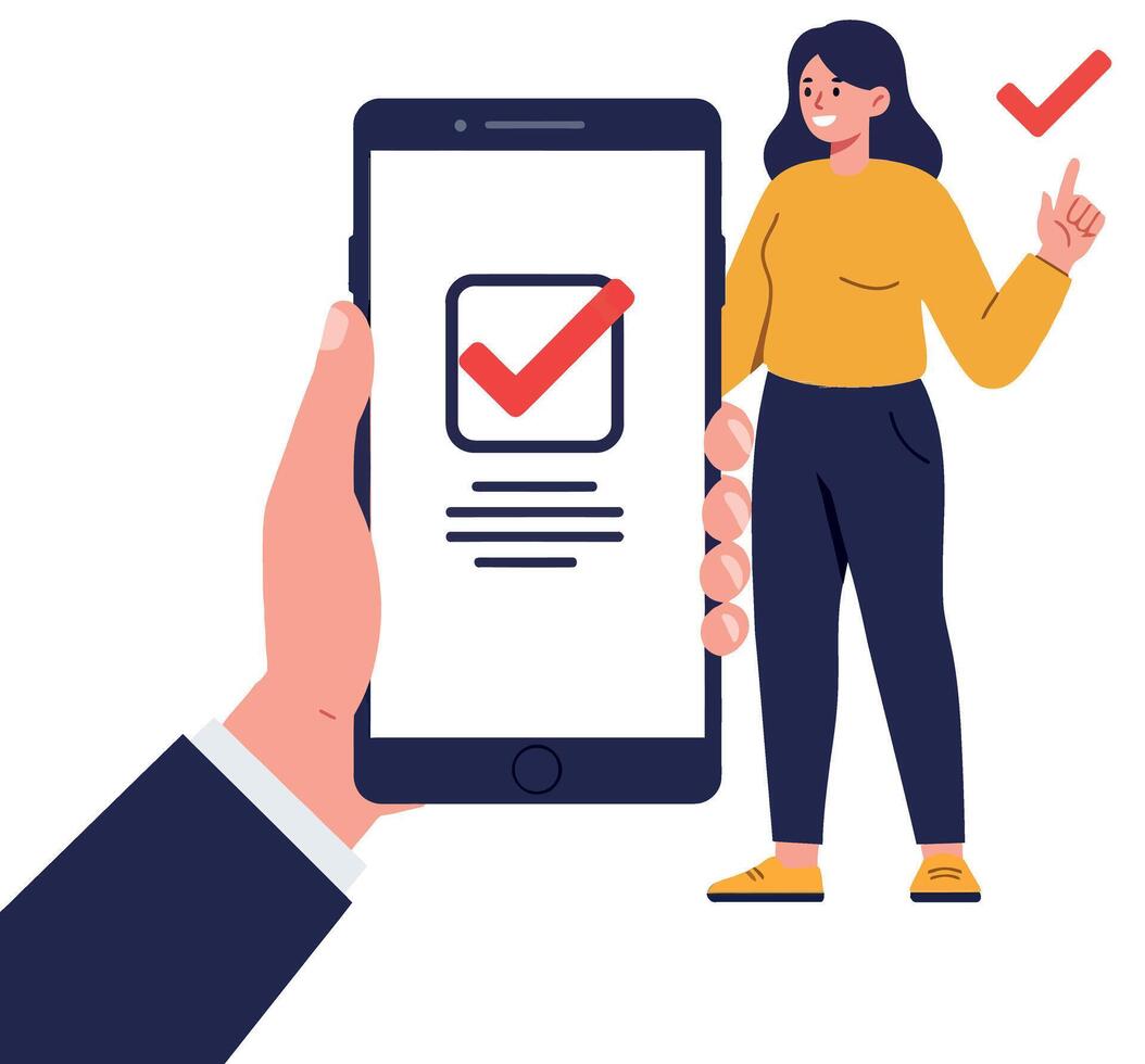Woman celebrating success with smartphone showing confirmed checkmark symbol vector