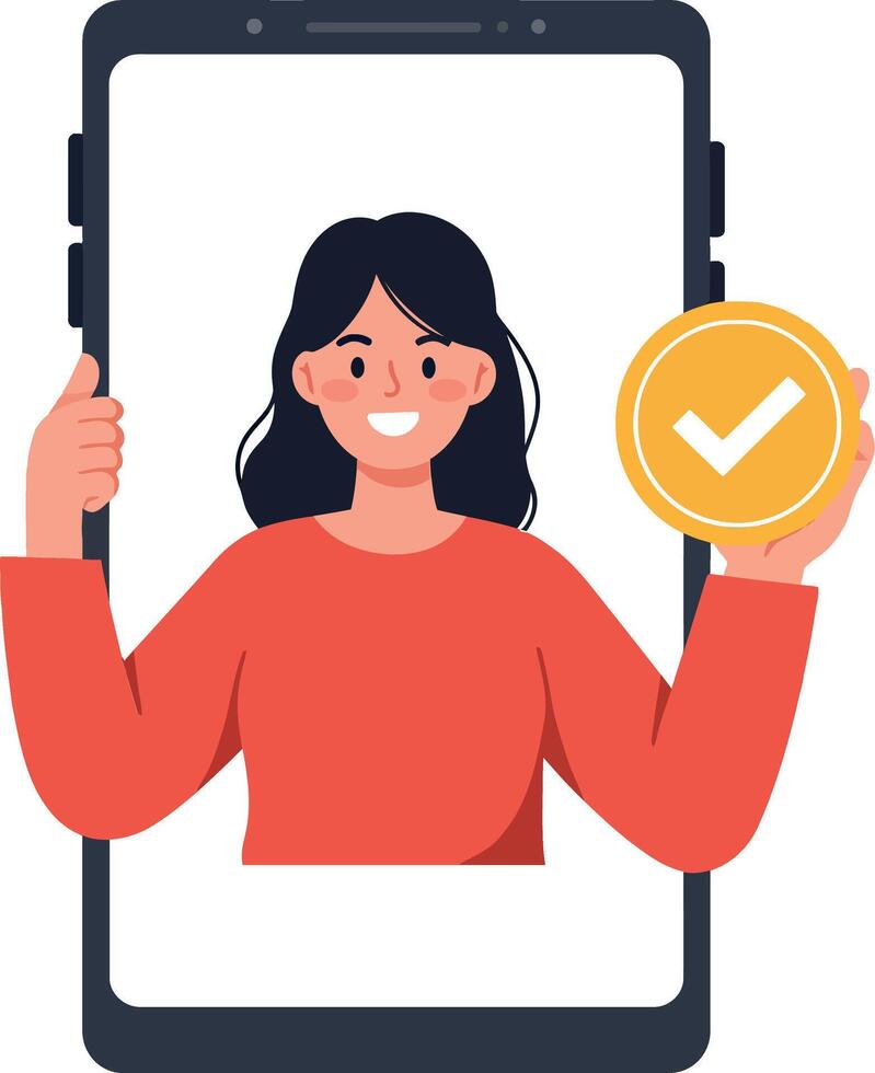Woman smiling and holding a checkmark inside a smartphone frame vector