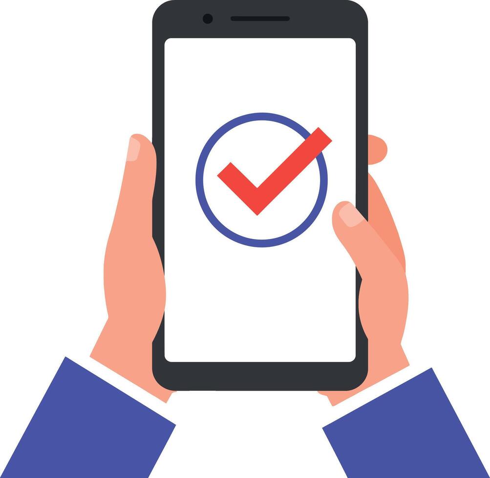 Hands holding smartphone displaying a check mark symbolizing confirmation or approval vector