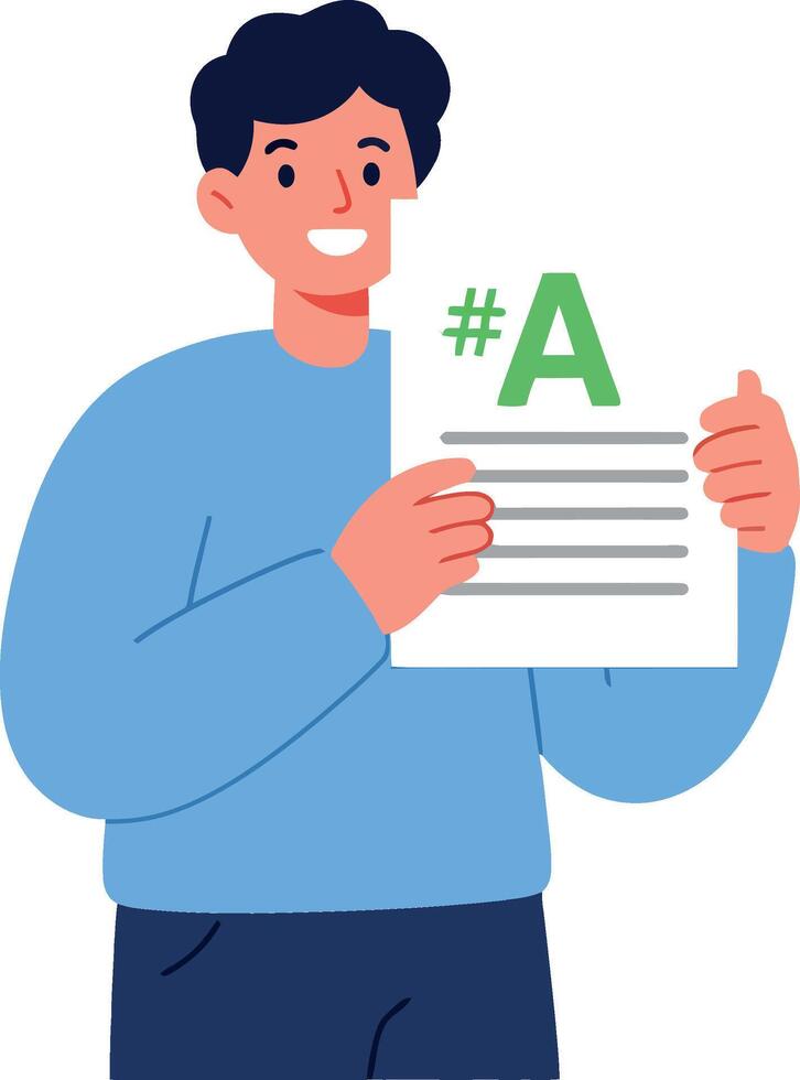 Young man smiles while holding a paper with hashtag and letter A vector