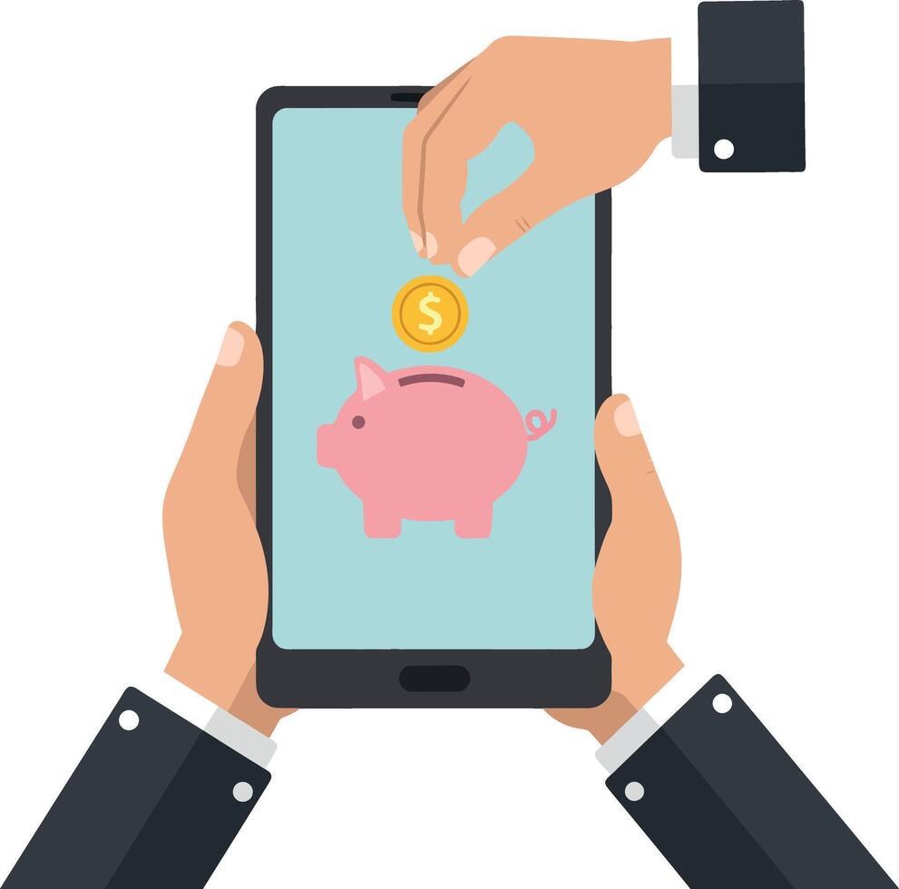 Hand placing coin into smartphone displaying piggy bank graphic vector