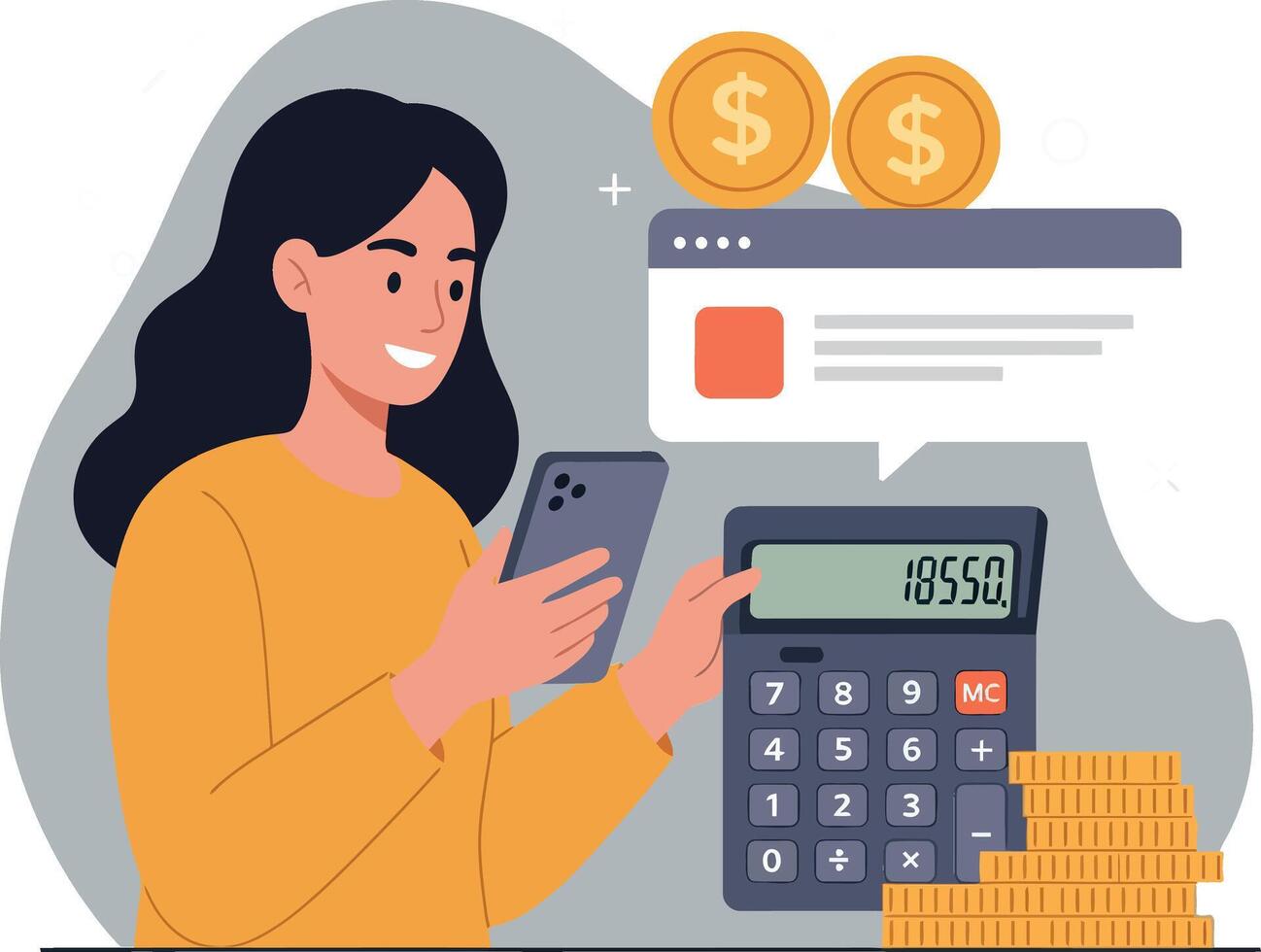 Woman calculating expenses with calculator and smartphone surrounded by coins vector