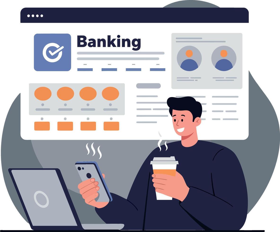 Person engaging with banking application while holding coffee and smartphone vector