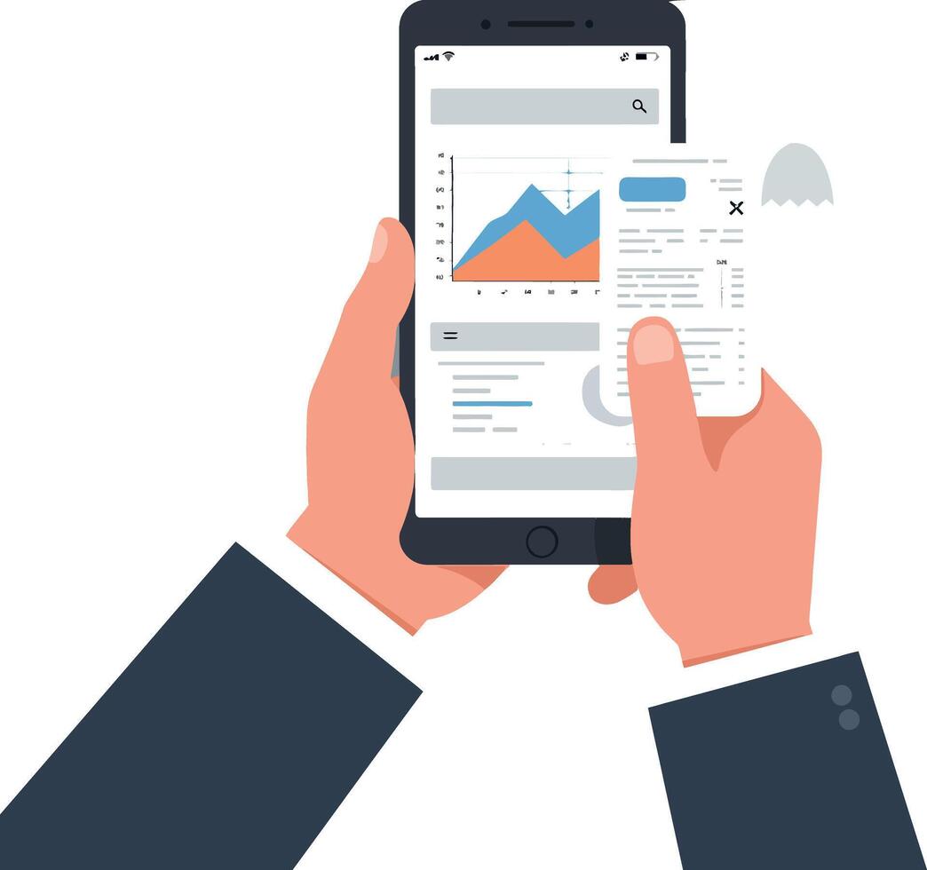 Hands holding smartphone displaying financial graph and data analysis report vector