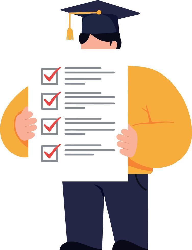 Student in graduation cap holding checklist with completed tasks visibly marked vector