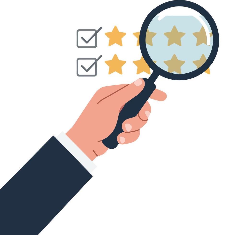 Hand holding magnifying glass examining stars and checklist symbols vector