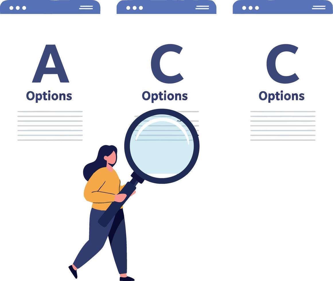 Person holding magnifying glass analyzing options on computer screens vector
