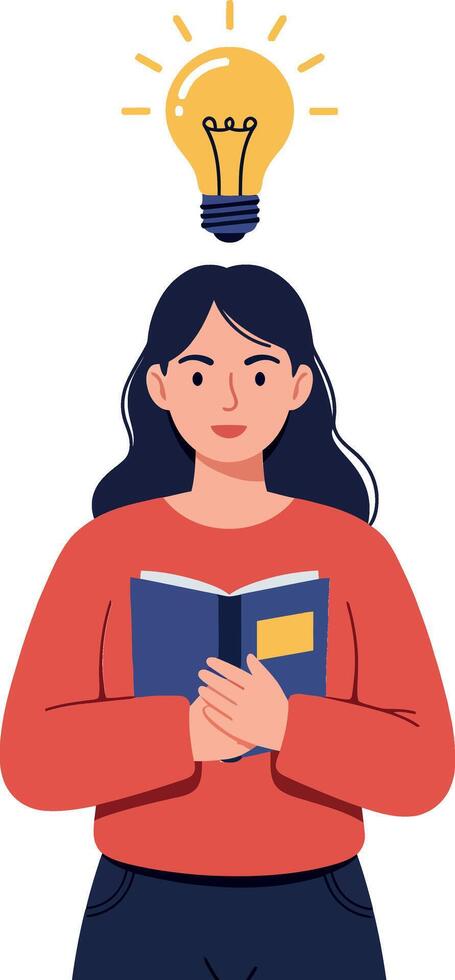 Woman holding a book with a light bulb above her head vector
