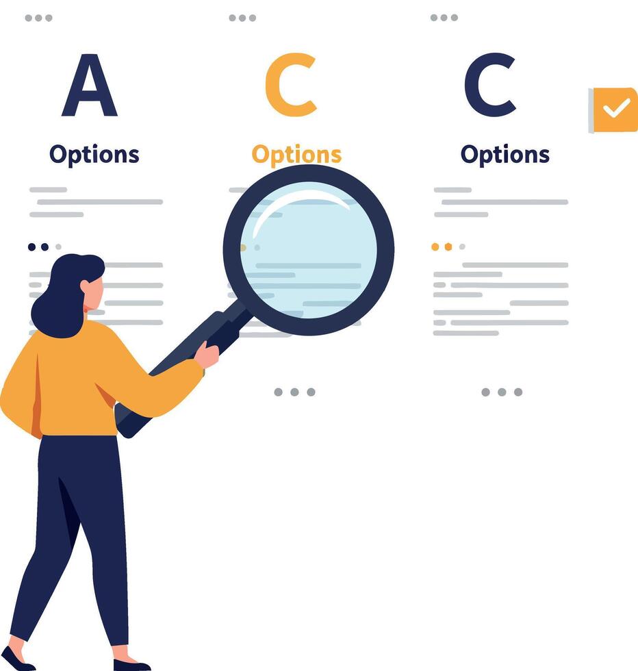 Person analyzing options with a magnifying glass in a digital interface vector