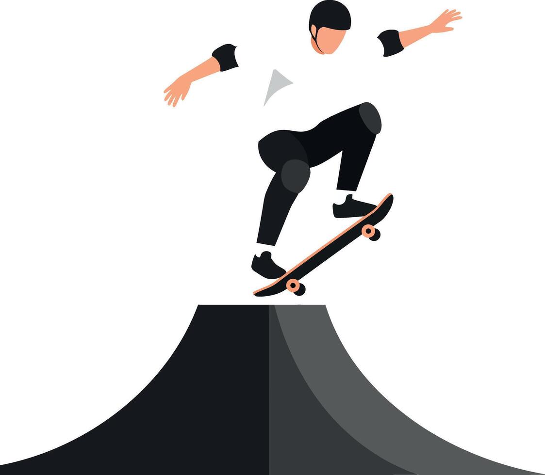Skateboarder performing a jump on a ramp in flat art vector