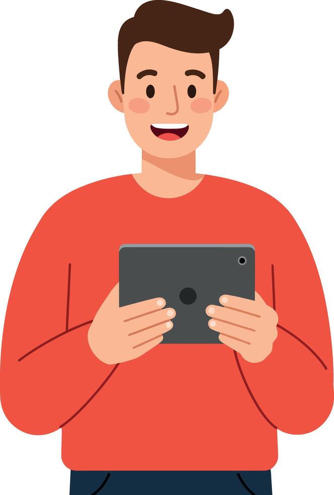 Smiling young man holding tablet in flat art style vector