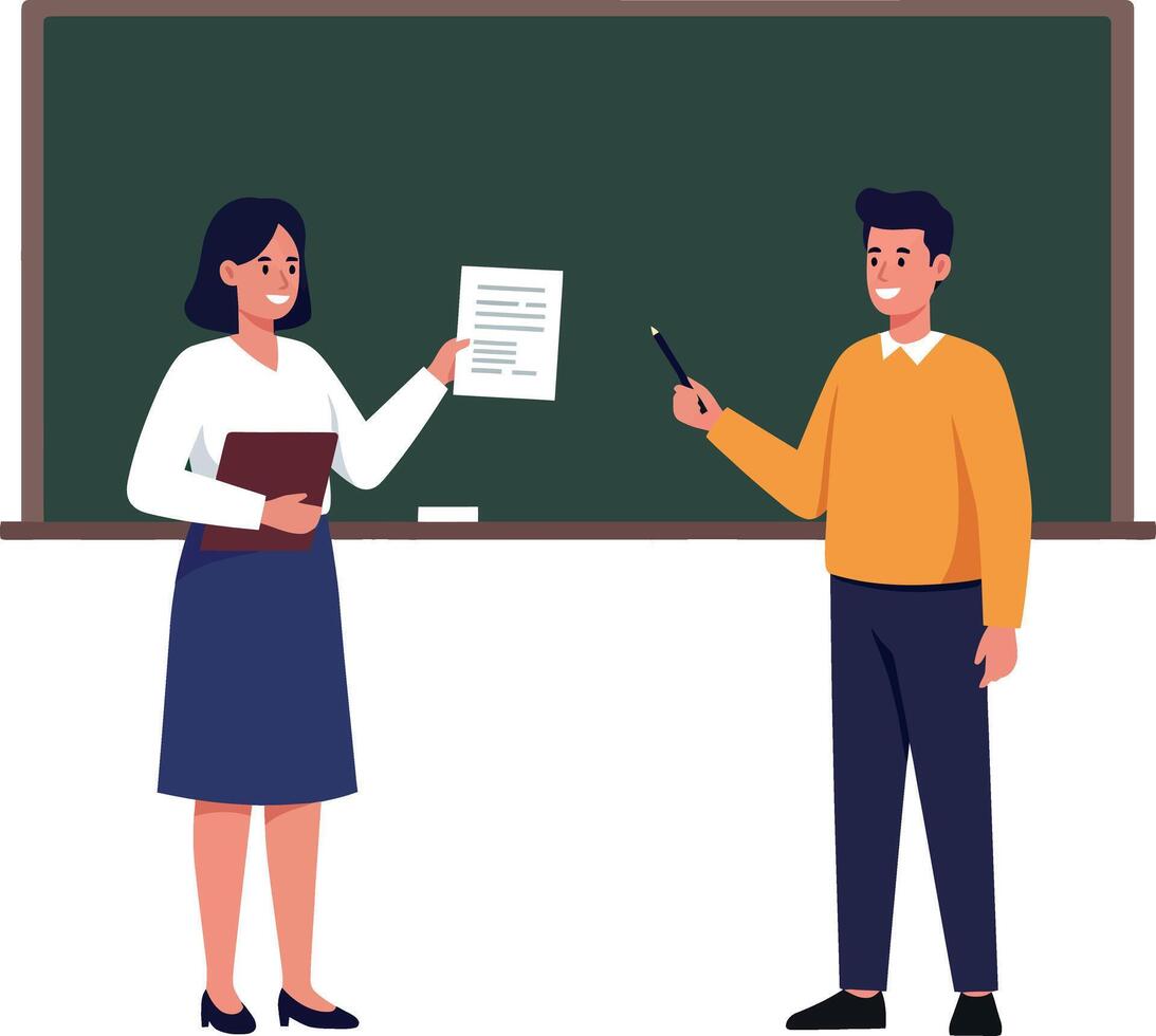 Teacher presenting document to student in flat illustration vector