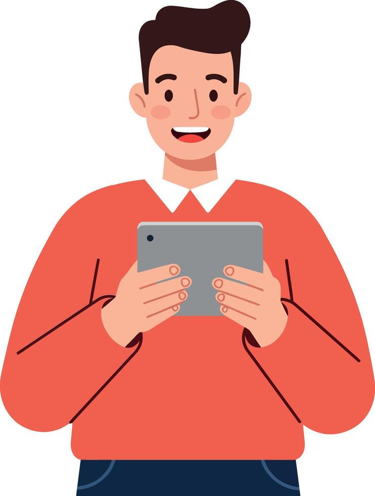 Happy young man using a tablet in flat design art vector
