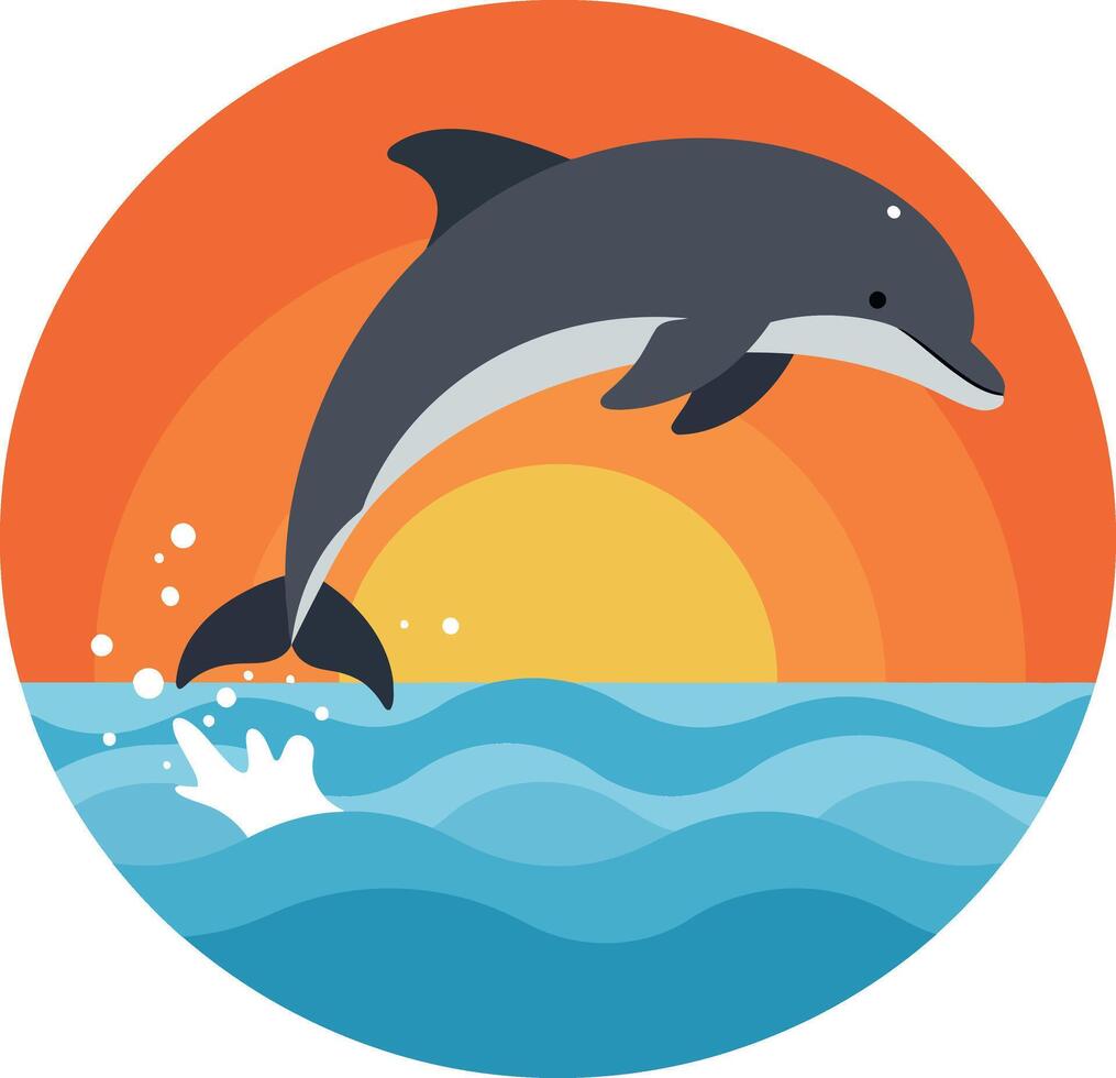Dolphin jumping over waves with sunset background in flat art vector