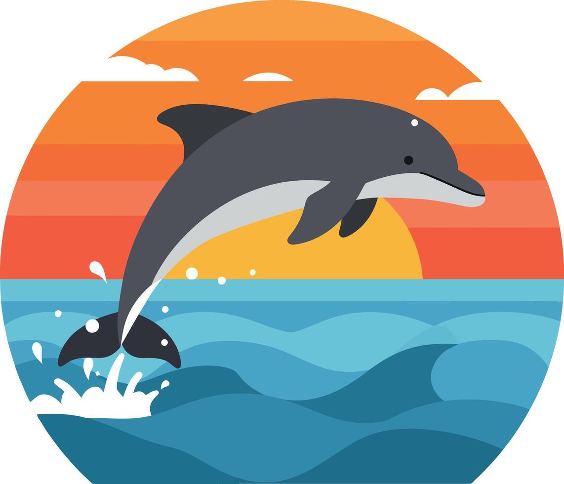 Dolphin leaping through waves at sunset in flat art vector