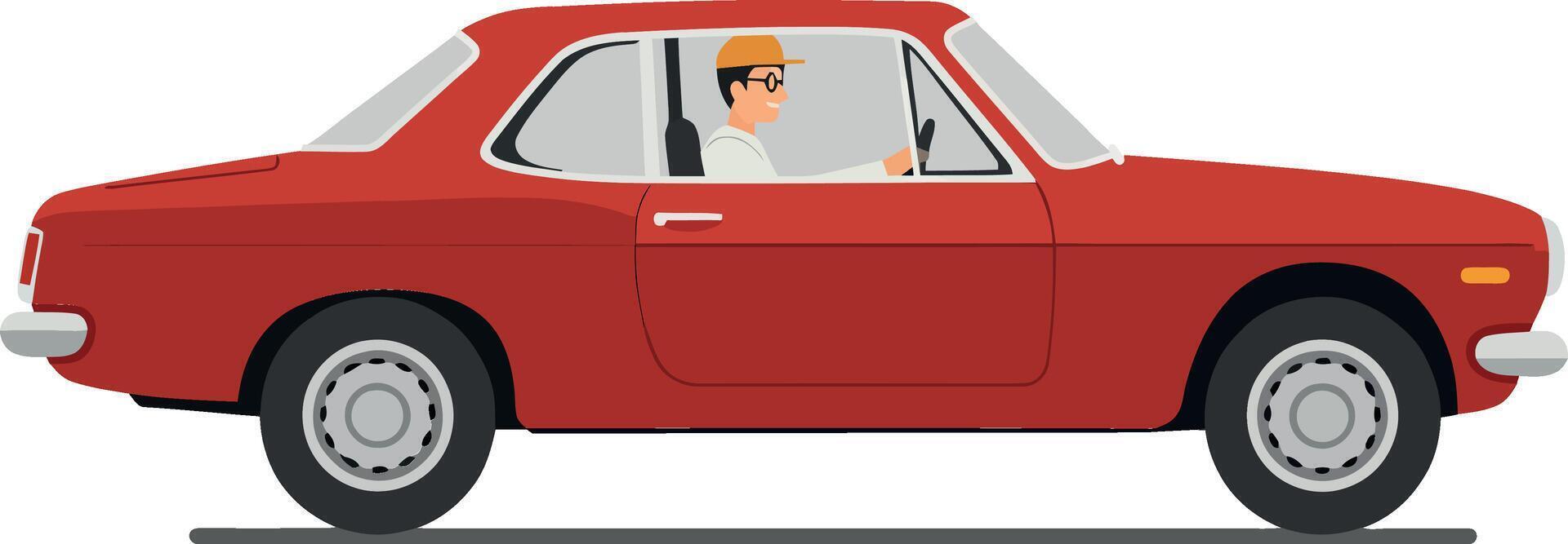 Classic red car driving in a flat minimal illustration vector