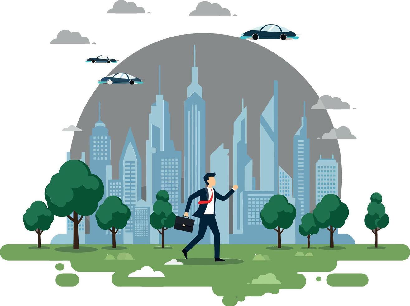 Businessman walking through futuristic cityscape in minimal art vector