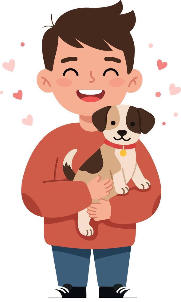 Happy boy holding a puppy in flat illustration vector