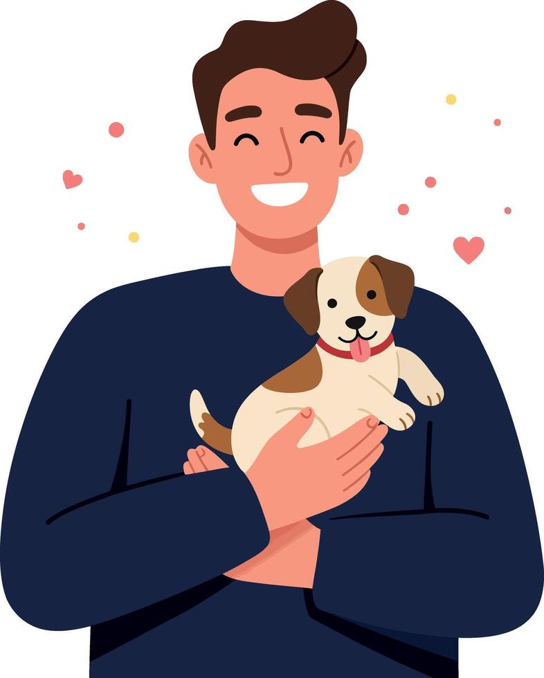 Happy man holding a cute puppy in flat illustration vector