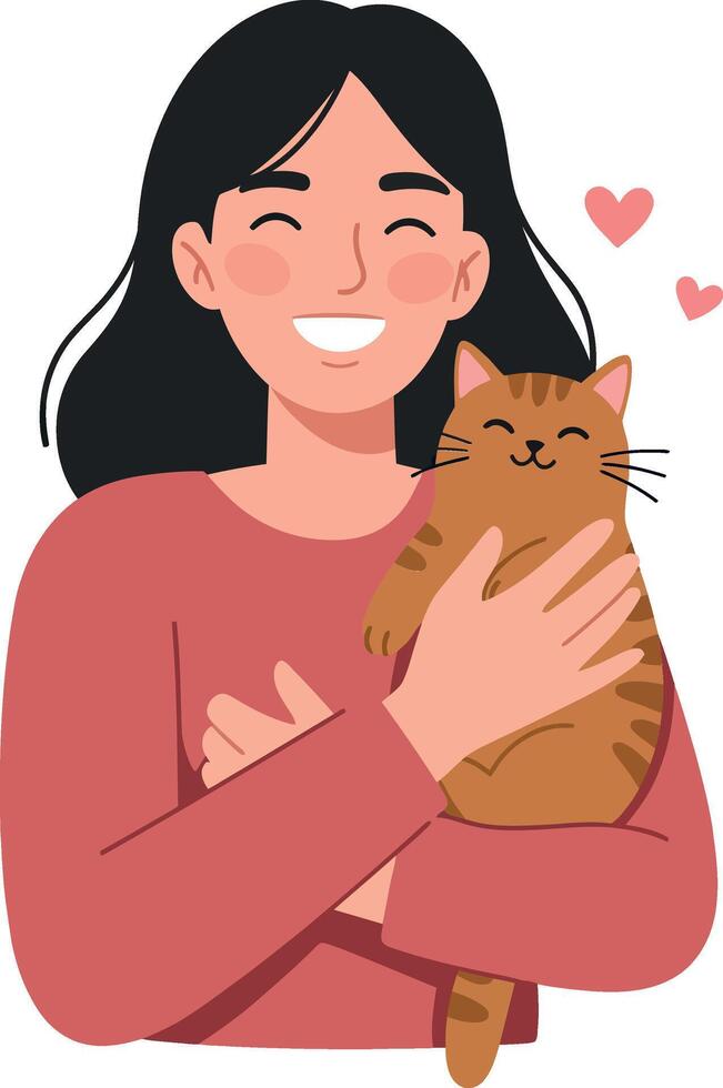 Happy woman holding a cute cat in flat illustration vector