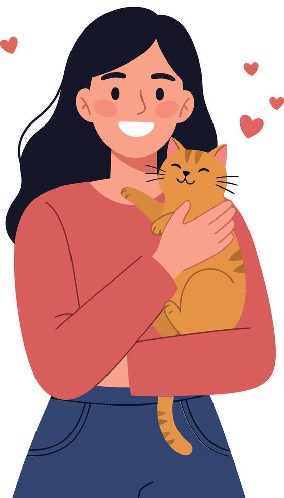 Woman holding a cat with hearts in flat art vector