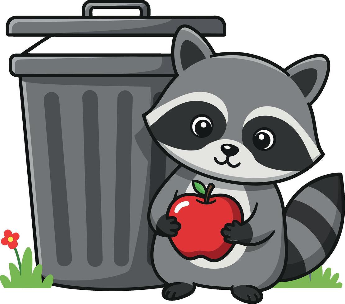 Raccoon holding apple near trash can in flat art vector