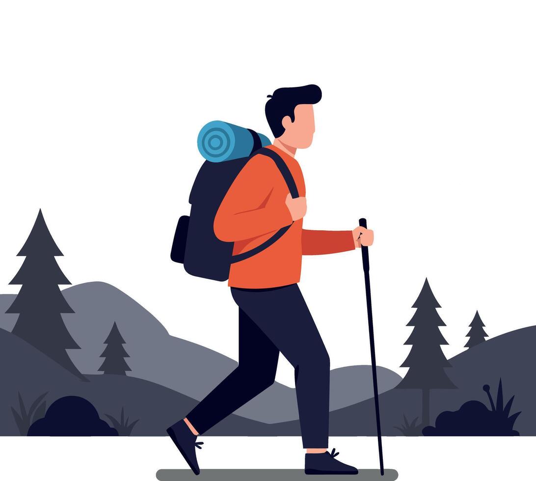 Hiker with backpack walking through mountains vector