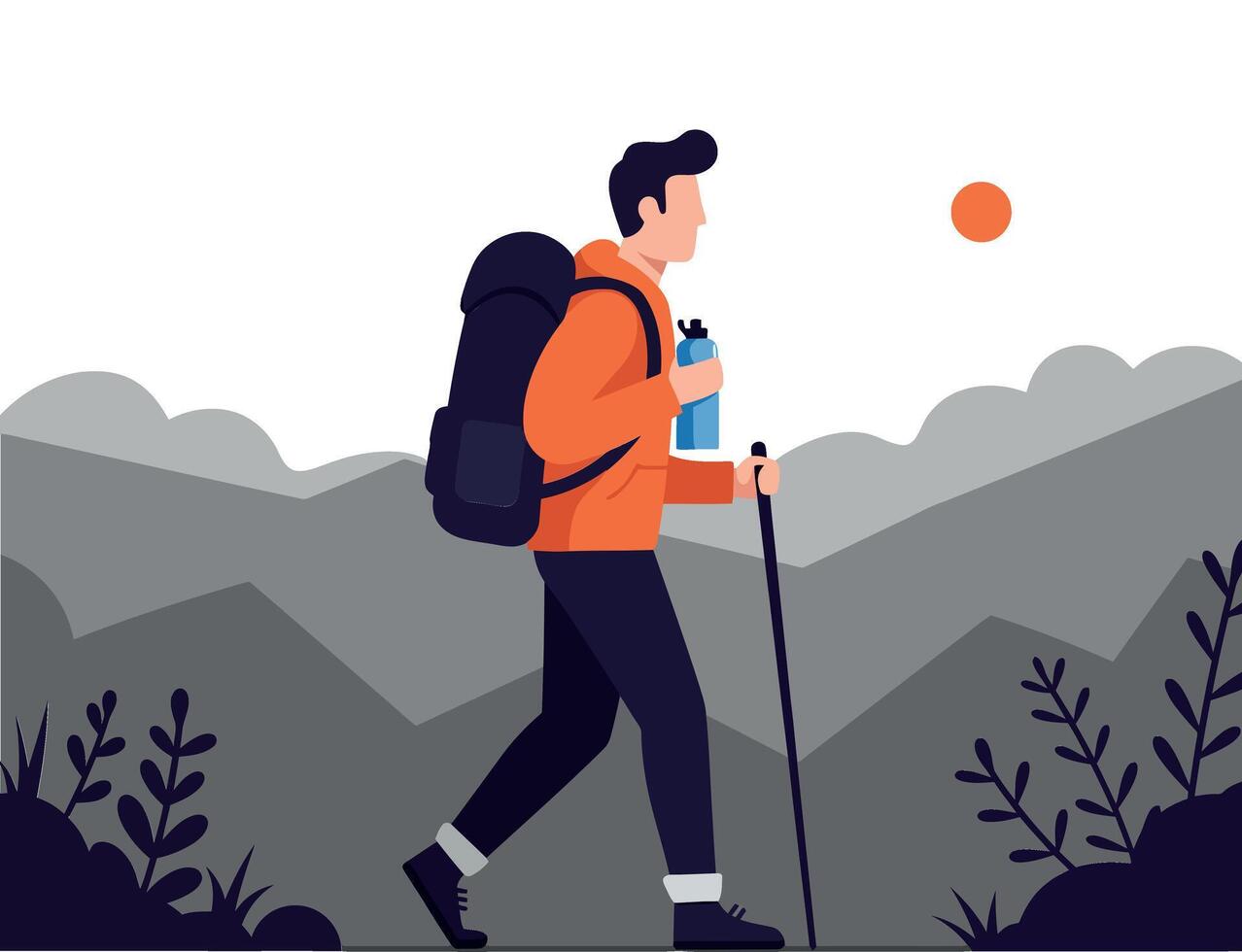Hiker with backpack walking through mountain vector