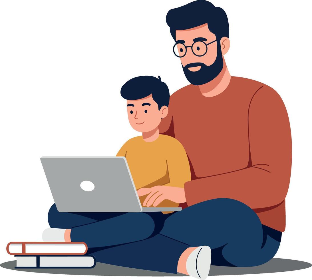 Father and son learning together in a modern flat art vector