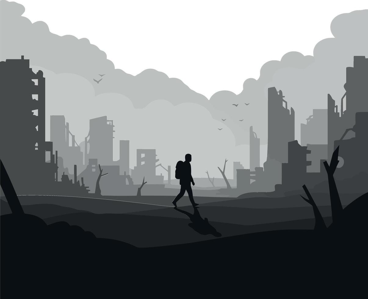 Dark silhouette of a traveler in a desolate cityscape, minimal art vector