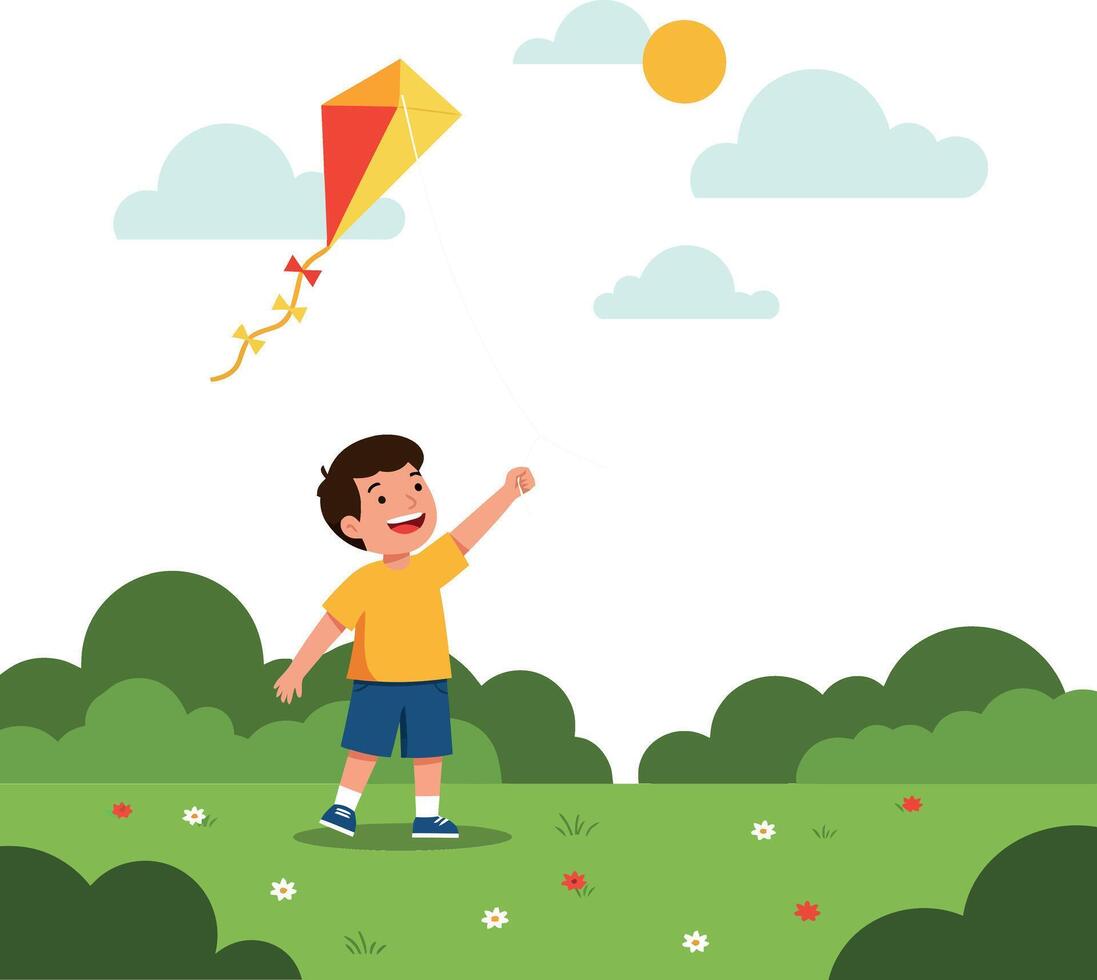 Happy child flying a colorful kite in flat art vector