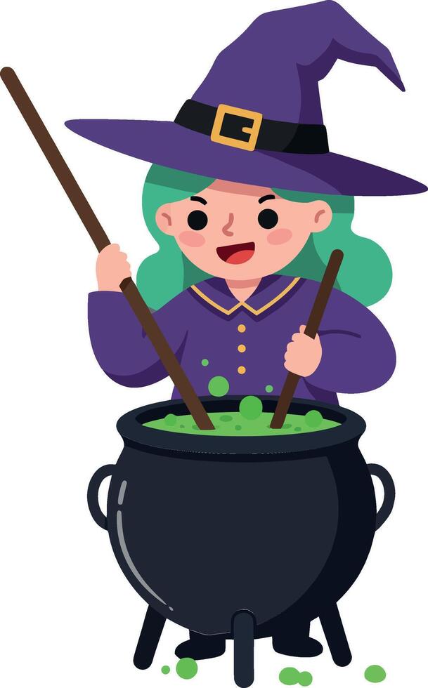 Witch stirring cauldron in flat, colorful design illustration vector
