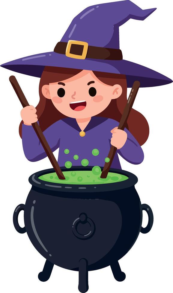 Witch stirring potion in cauldron, flat design art vector