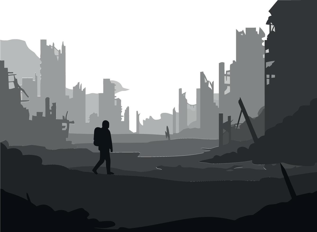 Silhouette of a lone figure in a desolate urban landscape, minimal art vector