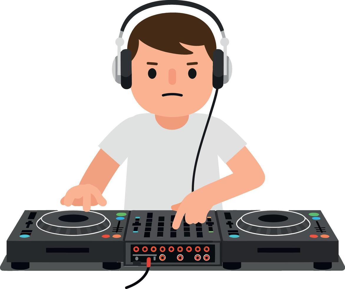 Young DJ performing at a music event in minimal illustration vector