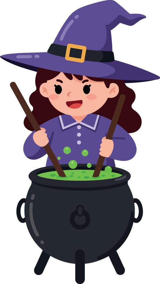 Witch stirring potion in cauldron with flat art style illustration vector