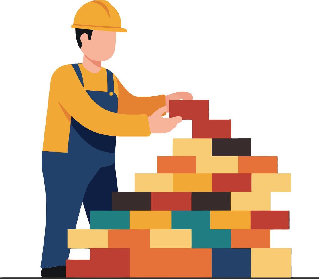Construction worker stacking colorful blocks in flat art vector