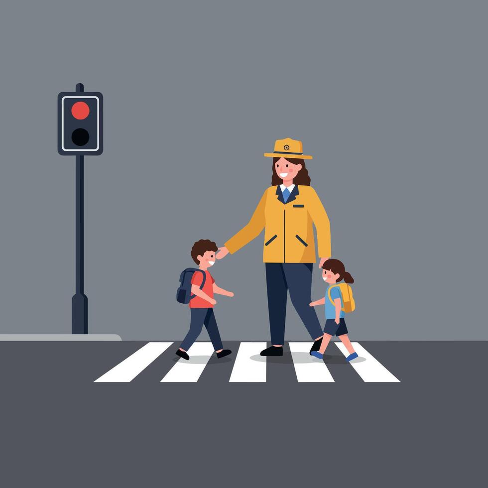 Crossing guard assisting children in flat illustration style vector