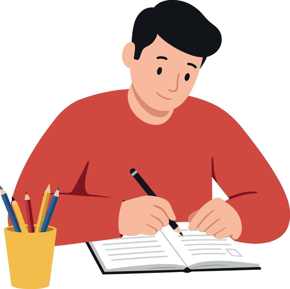 Person writing in a notebook with colorful pencils in flat art vector
