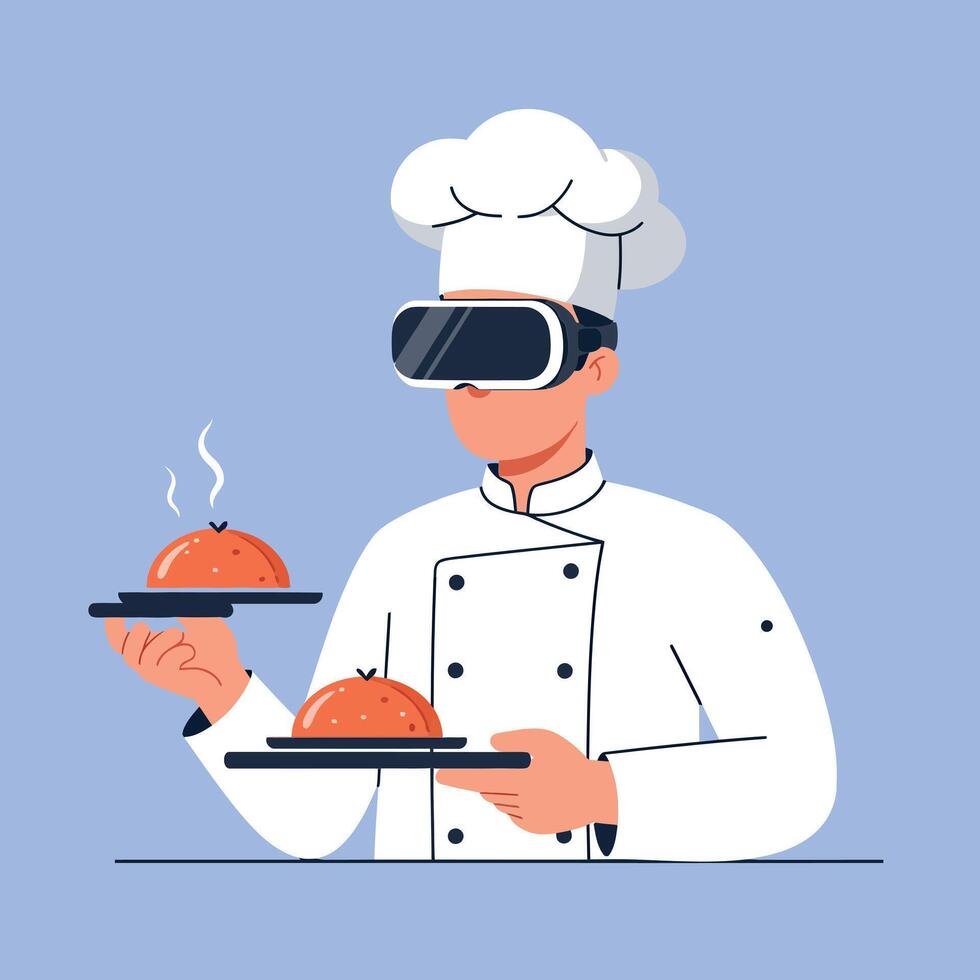 Chef wearing virtual reality glasses serving delicious dishes in art vector
