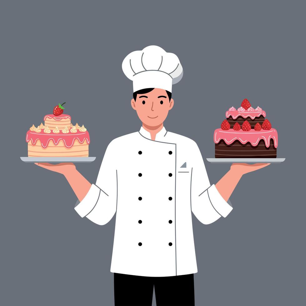 Chef presenting two delicious cakes in flat art style vector