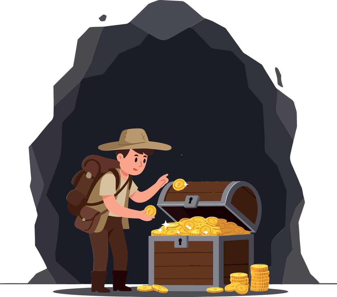 Treasure hunter discovering gold coins in cave flat art vector
