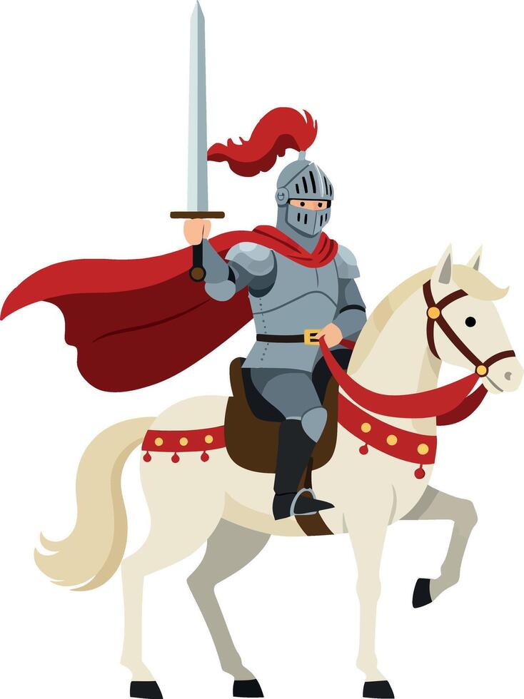 Knight in shining armor with sword and red cape art vector