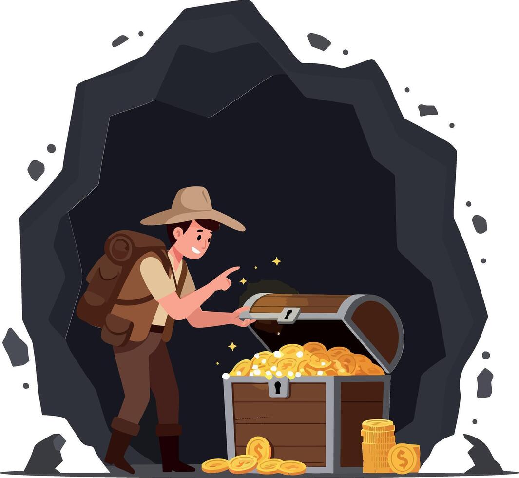 Adventurer discovering treasure chest in minimal art vector