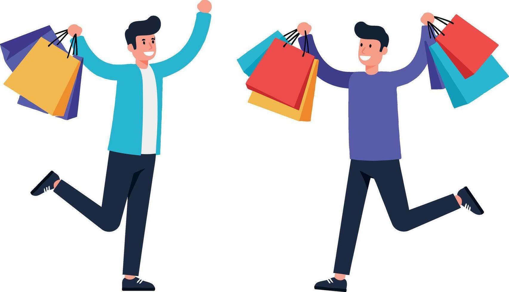 Two joyful shoppers celebrating with colorful bags in flat art vector