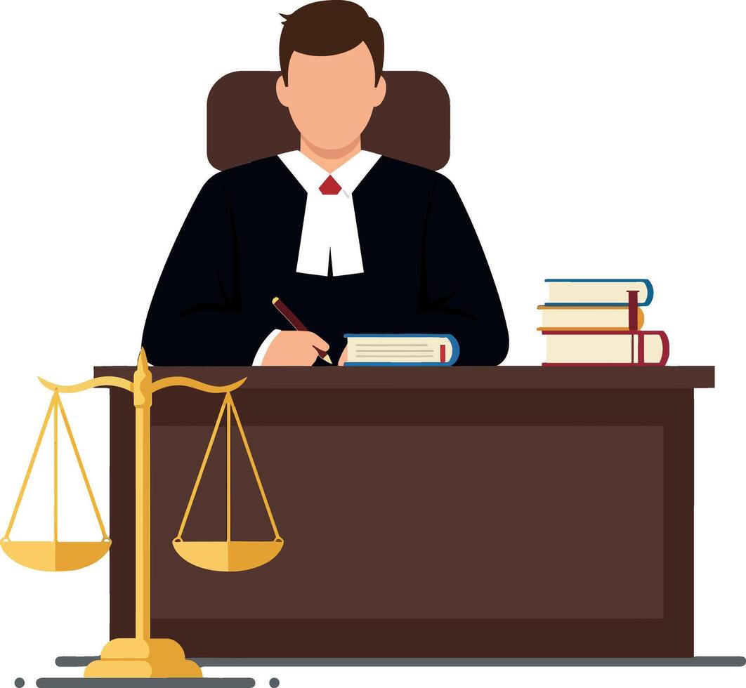Judge sitting at desk with scales and books in flat art vector