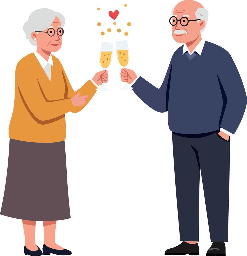 Elderly couple celebrating with champagne glasses in flat illustration vector