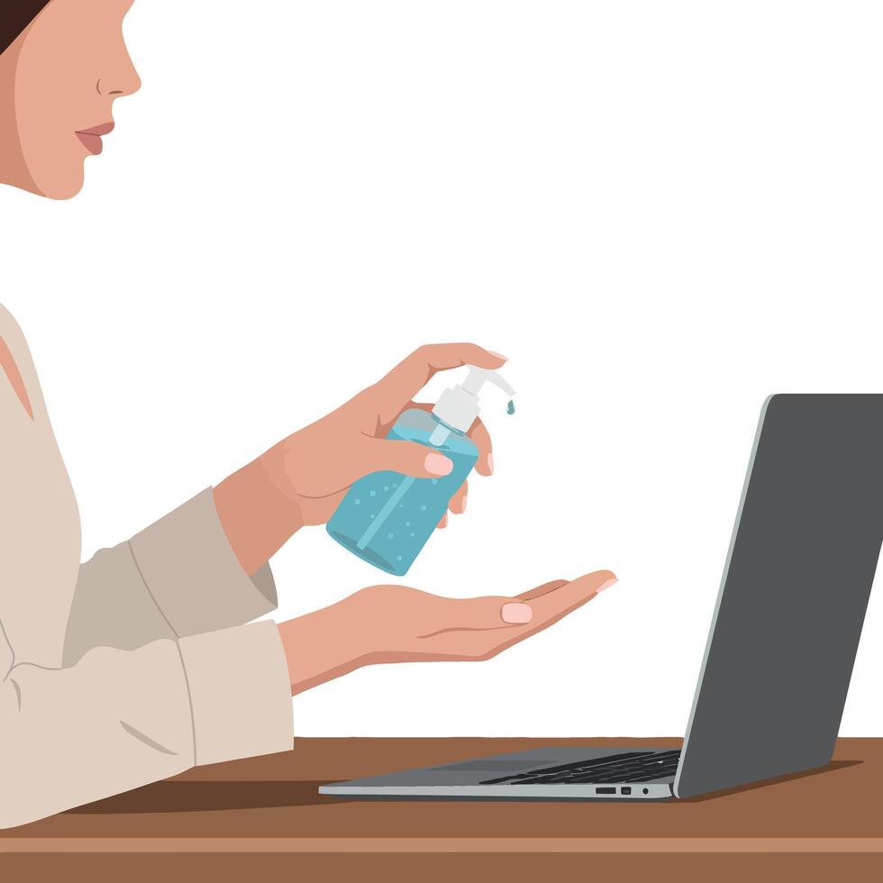 Hand applying sanitizer to palm while using laptop in flat art vector